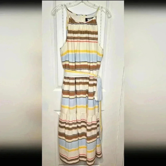 DKNY Cotton Halter Neckline Belt Sleeveless Midi Ivory Multicolor Dress Size 18W - Picture 2 of 12